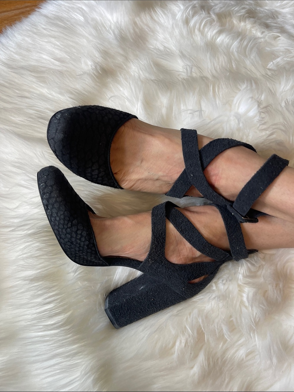 Free People Black Crisscross Block Heel Pumps